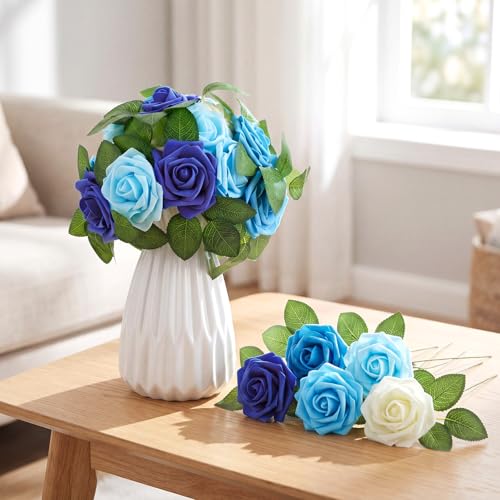 50 Pcs Artificial Foam Rose Flower Faux Bouquet Wedding Fake Rose Gift for Mother's Day Women DIY Bridal Shower Party Table Birthday Home Spring Decor (Gradient Blue) - color: Gradient Blue