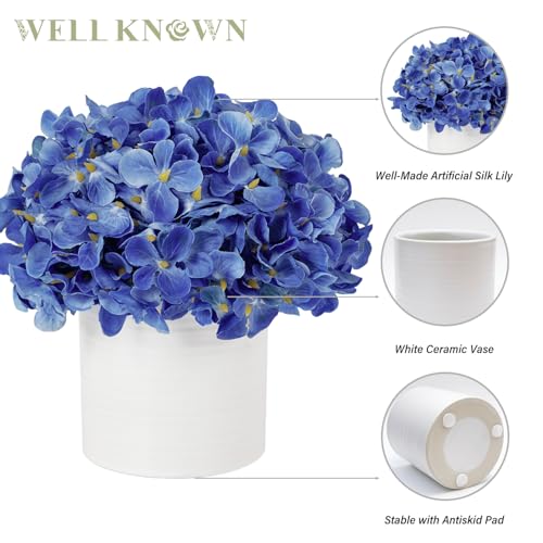 Blue Hydrangea Fake Flowers in Vase, Artificial Flowers with Ceramic Vase, Small Faux Potted Floral Arrangements for Home Bathroom Kitchen Office Coffee Table Wedding Party Centerpiece Decor & Gift - color: Hydrangea, Blue