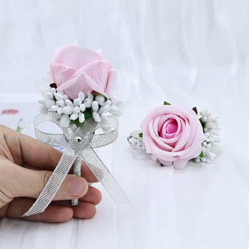 2Pcs Light Pink Rose Corsage and Boutonniere Set, Artificial Wrist Corsage Wristlet Bracelets, Men Boutonniere for Wedding Party Ceremony Homecoming Flowers Accessories Prom Decorations - color: Light Pink