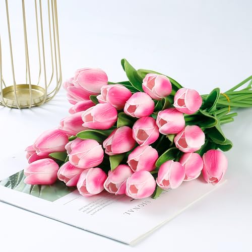 Sggvecsy 15 Pcs Fake Tulips Artificial Flowers Real Touch PU Faux Flowers Tulip Stems for Wedding Spring Bouquet Floral Arrangement Home Party Office Decorations for Mother's Day (Rose Pink) - color: Rose Pink, size: 15 Pcs