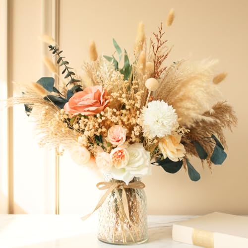 Luxury Floral Arrangement with Vase - Pampas Grass & Artificial Flowers for Kitchen Island, High End Centerpiece Decor, Coffee Table & Dining Table, Farmhouse Boho Home Decor with Dried Flowers - size: high end bouquet in vase