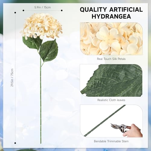 6 PCS Artificial Hydrangea Flowers, Faux Silk Hydrangea with Long Stems, Home Wedding Decor, Table Centerpieces, Party Decorations(Champagne) - color: Champagne