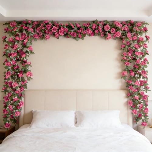 Artificial Flower Garland 90.5 Inch/230CM - Fake Roses Vines Floral Vines, Silk Faux Plastic Hanging Floral Garland for Wedding Arch, Bedroom, Home Wall, Backdrop, Outdoor & Indoor Decor (Dark Pink) - color: Dark Pink