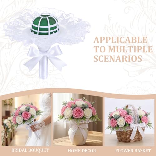 Ferrochef 2 Set White Lace Handle Bouquet Holder Foam Floral Handle Wedding Bridal Bouquet Holder DIY with 1 inch White Satin Ribbon for Bride & Bridesmaid Fresh & Artificial Flower Arrangements