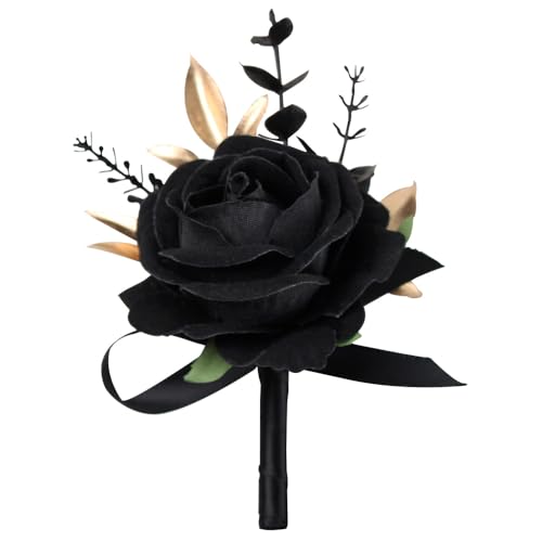 Boutonniere for Men Artificial Flowers 1 Piece Wedding Prom Homecoming Corsage Anniversary Party Decoration (1, Black) - color: Black