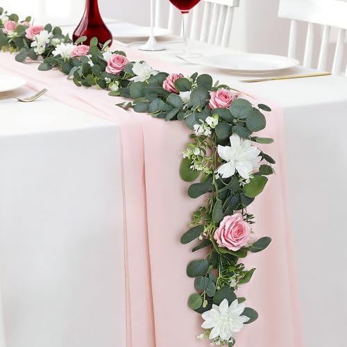 4 Pack Wedding Garland Set, Pink Rose & White Dahlia Hanging Flower Vines for Wedding Arch, Backdrop, Mantel, Home Decor (5.91ft) - color: Pink White