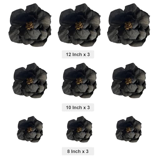 BRT Bearingshui Black Paper Flowers Decoration for Wall Total 9 Pcs, Artificial Flowers for Wedding Decor,Flower Backdrop Decor, Baby Bridal Shower Birthday Party, Black 3D Wall Flowers Decor - color: Black