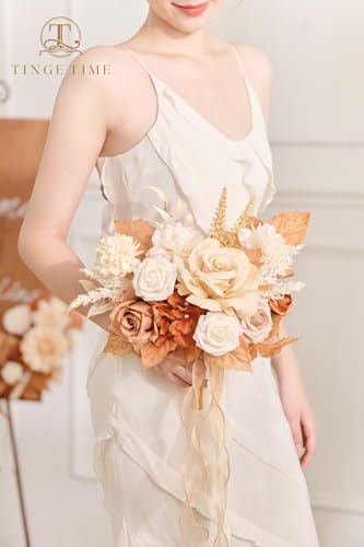 TINGE TIME 7inch Wedding Bouquets for Bridesmaid, Artificial Flowers Cascading Bridal Bouquet for Wedding (Burnt Orange & Champagne, Set of 4) - color: Burnt Orange & Champagne