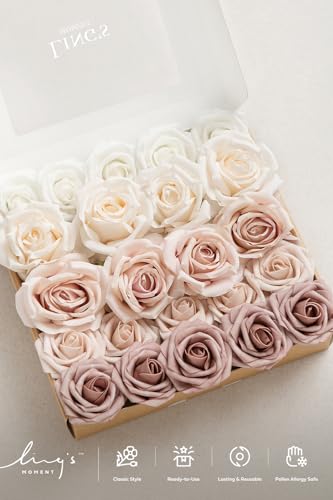 Ling's moment Artificial Flowers Fake Silk Roses Faux Foam Flower Combo for DIY Wedding Bouquets Centerpieces Arrangements Bridal Shower Party Home Decorations, Dusty Rose & Cream, 23pcs - color: Pk-dusty Rose & Cream