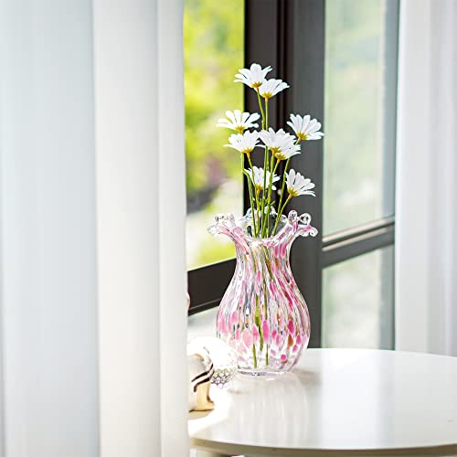 QFkris Handblown Glass Vase, Modern Art Flower Vase with Pink Petal Decorative for Home Decor, 8.5 inch Tall for Living Room Dining Tabletop Centerpiece Statement Office Decoration - color: Pink Bubble