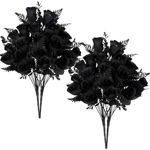XONOR Artificial Rose Flowers - 4 Bouquets Realistic Fake Black Silk Roses for Halloween Party Fall Harvest Festival Home Centerpieces Decoration (Pack of 4, Black) - color: Black