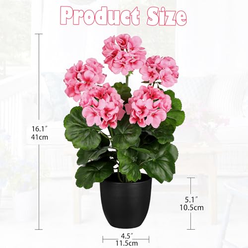 Briful 16” Geraniums Artificial Flowers Realistic Potted Plant – Pink Fake Geraniums for Outdoors, Silk Flowers Artificial Outdoor Plants for Indoor Home Decor, Farmhouse Table Centerpiece Decoration - color: 16'' Tall Pink