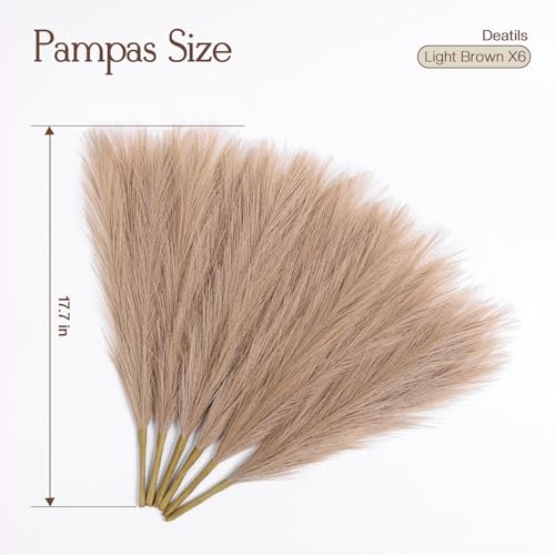 Ureymx Faux Pampas Grass Decor 17.7 Inch 6pcs, Artificial Pampas Grass Fluffy Home Decor, Short Vase Room Decor pompous Grass Flower Arrangement for Boho Home Wedding Decoration (Light Brown) - color: Light Brown, size: 17 Inch 6 Pcs