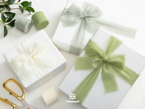 Vitalizart Sage Green Handmade Chiffon Silk Ribbon Fringe 1.5" x 21 Yd Frayed Edges Ribbons for Wedding Invitations Bridal Bouquets Gifts Wrapping Crafts Holiday Party Decorations - color: Dusty Green & Cream