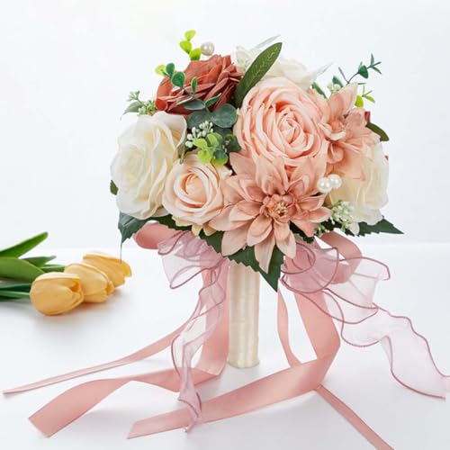CYANLUX Wedding Bouquets for Bride Bridesmaid Bouquet Champagne White Artificial Roses Flowers for Wedding Valentine's Day Church Home Decoration… (Pink) - color: Pink