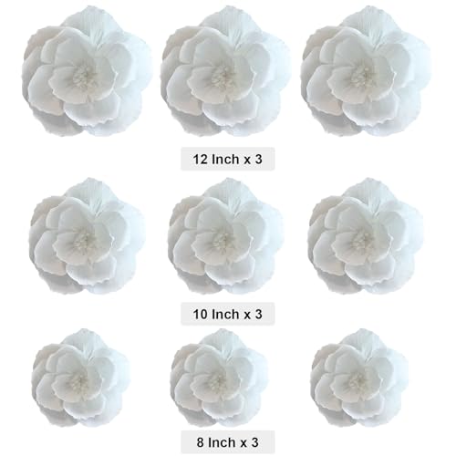 BRT Bearingshui Crepe Paper Flowers Decoration for Wall Total 9 Pcs, Artificial Flowers for Wedding Decor,Flower Backdrop Decor, Baby Bridal Shower Birthday Party, White 3D Wall Flowers Decor - color: White