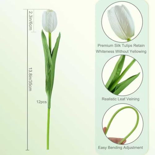 12pcs White Artificial Tulips Silk Faux Flowers Real Touch for Wedding Bouquet, Home Decor, Party Centerpiece, Table Decor, Mother's Day Easter Spring Gifts - color: White