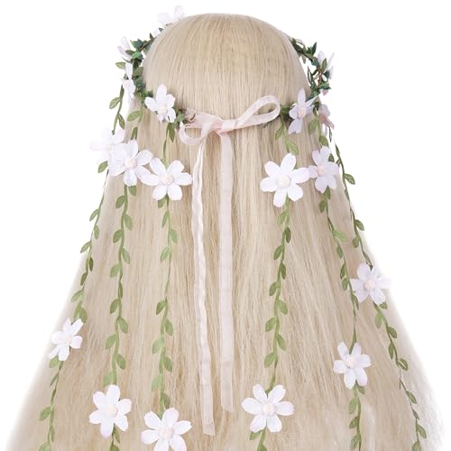 Fairy Pink Flower Headpiece, Artificial Boho Daisy Floral Headband, Forest Woodland Vine Flower Crown for Women Bridal Wedding Renaissance Party Cosplay Costume Hair Accessories - color: Pink