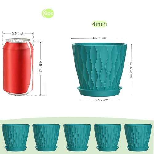 4 Inch Plant Pots, 6 Pack Indoor Flower Pots, Planters with Drainage Holes and Trays for Orchids, Violets, Succulents, Herbs, and Other Plants,Blue-Green - color: Blue-green, size: 4inch