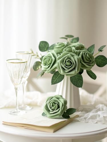 InnoGear Artificial Flowers, 50 Pcs Elf Green Rose Foam Fake Roses Bulk with Stems for Spring St. Patrick's Decoration DIY Wedding Bouquets Centerpieces Bridal Shower Party Christmas Tree - color: Elf Green