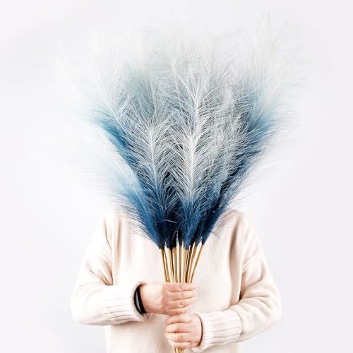 12 Pcs Blue Gradient Faux Pampas Grass Decor 38"/3.1FT Tall Fake Pompas Floral Large Artificial Pompous Grass Branches Plants for Floor Vase Filler Home Boho Decoration - color: Navy Blue Gradient