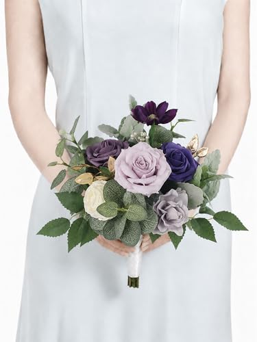 Rinlong Purple Bridesmaid Bouquet for Wedding, Prom, Homecoming | Silk Bridal Bouquet, Destination Friendly - color: 14-purple
