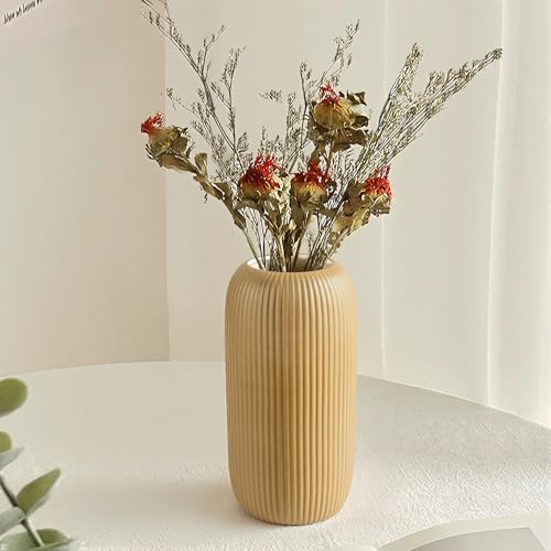 Ceramic Vase for Flowers – Modern Small Ribbed Textured Flower Vase for Home Decor, Pampas Grass, Decorative, Farmhouse, Coffee Table, Kitchen Centerpieces, Bookshelf and Home Living (Milk Coffee) - color: Milk Coffee