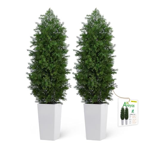 Aveyas 5ft Artificial Cedar Topiary Trees, 5 ft Faux Potted Plants Evergreen Fake Pine Cypress Tree for Outdoor Porch Home Outside Door Decor (5 Feet Tall Including Raised Pot) - Set of 2 Pack - color: Cedar Topiary Trees - 2 Pack (5ft)