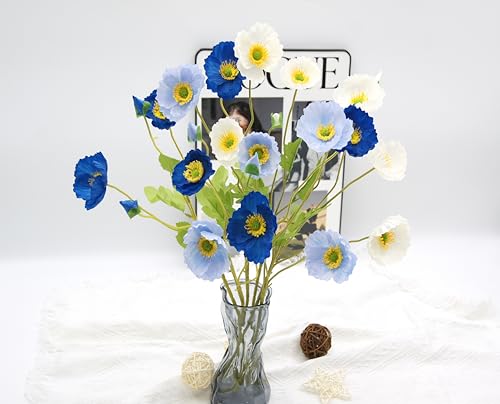 FERIAL 6pcs Artificial Poppy Flowers Silk Fake Poppy Flowers with Stems Faux Poppy Real Touch Flowers for Home Kitchen Table Centerpieces Floral Arrangement Wedding Bouquet Mixed Decoration - color: White&blue