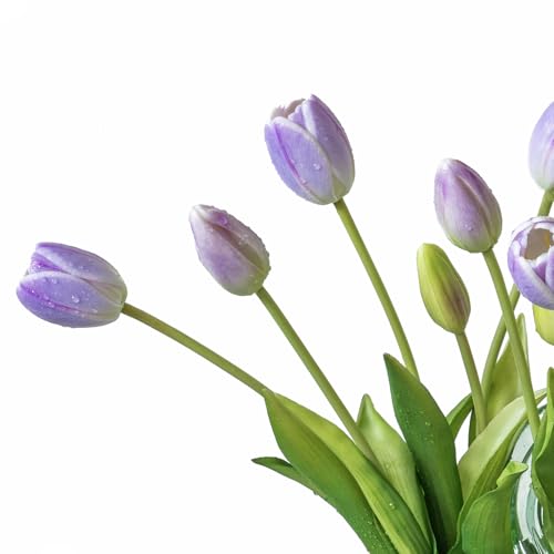 DUYONE 15Pcs Artificial Tulips Flowers, Soft Touch Realistic Latex Tulips Bouquet for Home Office Wedding Party Garden Decor, Fake Flowers for Centerpieces Dining Table Living Room Spring-B Lavender - color: B Style-15pcs Lavender(no Vase)