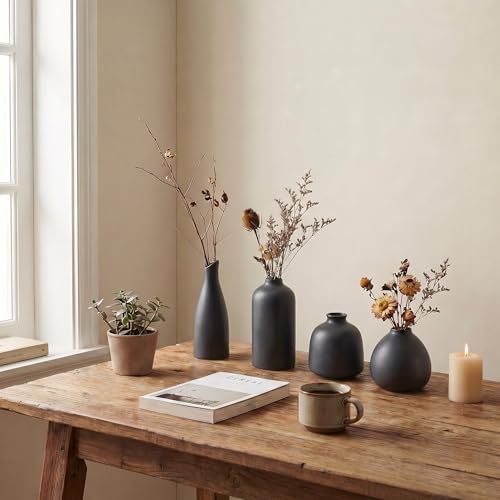 Black Bud Vases, Small Ceramic Vase Set of 11, Mini Pottery Vases for Flowers, Minimalist Boho Small Pampas Grass Flower Vase for Farmhouse Home Decor, Wedding Centerpiece, Shelf and Table Decoration - color: Black – 11-piece Set