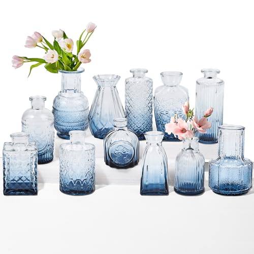 12 Pack Glass Bud Vase Set, Small Flower Vase Set Bud Vases for Wedding Centerpiece Table Decor, Vintage Small Vases for Room Home Dining Party Table Center Decor (Blue Set, 12 Pack) - color: Blue Set, size: 12 Pack