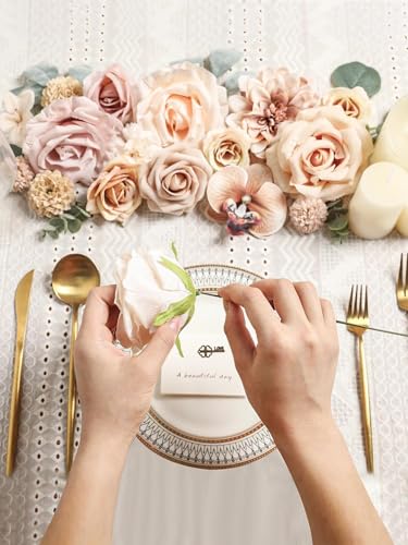 Artificial Flowers Set Champagne Coffee Silk Fake Flowers with Stems for DIY Wedding Bridal Bouquets Cake Arch Floral Arrangement Table Centerpieces Baby Shower Party Home Decorations - color: Champagne Coffee