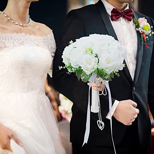 LEIFENY Wedding Bouquets for Bride, White Bridal Bridesmaid Wedding Flowers with Silk Ribbon and Rhinestones, Artificial Toss Rose for Civil Ceremony