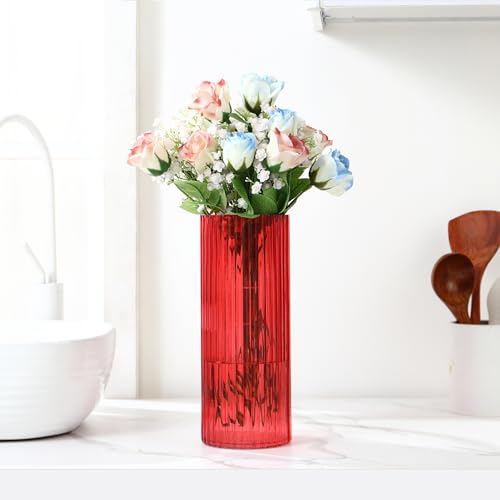 Red Glass Vase for Flowers, Ribbed Glass Vase for Tulips, Modern Red Vases, Tall Cylinder Glass Vases for Living Room, Bedroom, Dining Table, Office, Wedding, Bookshelf, 10 Inches - color: Red, size: 10''