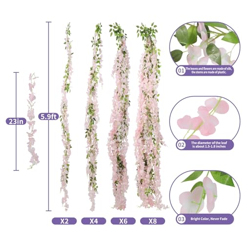 ARTKAIKE Artificial Flowers Garland for Home Decor, Fake Wisteria Vine Silk Hanging Plant Flower for Room Bathroom Wall Kitchen Bedroom Garden Outdoor Wedding Decor (4, Light Pink) - color: Light Pink