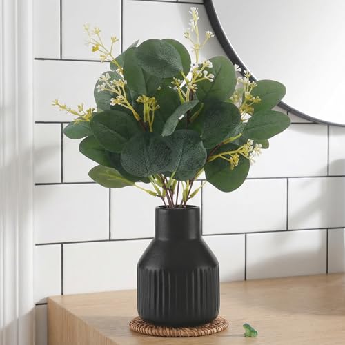 Artificial Eucalyptus Greenery Stems in Ceramic Vase,10Pcs Fake Plants Eucalyptus Leaves faux Plants for Centerpiece Table Decorations Home Room Decor office desk decor Greenery Decor indoor (Black) - color: Black
