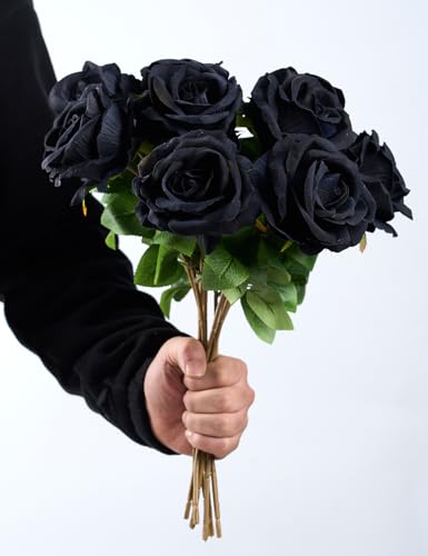 PONKING 3.5"(9cm) Rose Artificial Flower 12pcs Realistic Faux Silk Roses Fake Flowers Bouquets Arrangements Decor for Wedding Mother's Day, Home Table Christmas Valentine Decorations, Black Flower - color: D 12pcs Black Rose