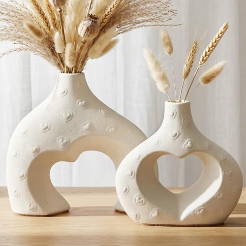 Ceramic Heart Flower Vase Home Decor Set of 2, Farmhouse Table Vases Rustic Vintage Living Room Kitchen Bedroom Decorations for House Book Shelf Office Coffee Desk Dining Fireplace - color: Large Cream White