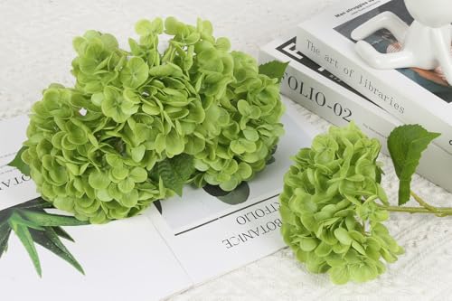 IPOPU 6PCS Real Touch Hydrangea Artificial Flowers Green Full Faux Hydrangea Flowers with Stems Latex Realistic Fake Hydrangeas for Home Table Centerpieces Wedding Bouquets Party Decoration (Green) - color: Green