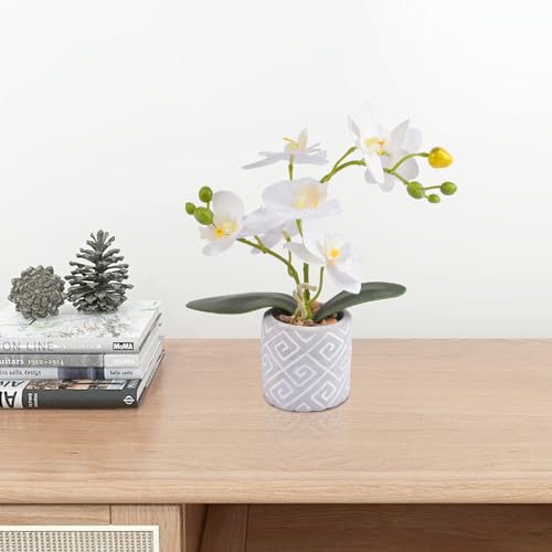 Artificial Orchids Flowers in Pot, Real Touch Faux Orchids Flowers with Vase Small Fake Orchids White Potted Plants for Table Centerpiece Office Room Wedding Kitchen Decoration