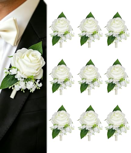 10Pcs Ivory White Rose Men Boutonnieres for Wedding Prom Party | Groomsmen Groom and Man Boutonniere for Wedding Prom, Rose Boutonniere for Men Wedding Ceremony Anniversary Party Homecoming - color: White Boutonniere 10pcs