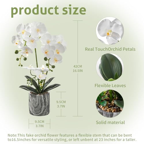 White 16.5'' Fake Orchids Flowers in Pot Bendable Faux Orchids Artificial Flowers Washable Silk Orchid Phalaenopsis Decor for Home Wedding Table Centerpiece Bathroom Office - color: 1 Pot Tall White