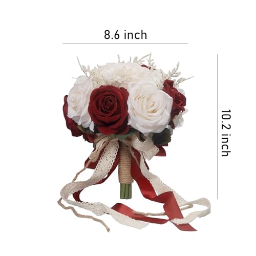 LEIFENY Wedding Bouquets for Bride, Champagne White & Burgundy Bridal Bridesmaid Wedding Flowers, Artificial Toss Rose for Civil Ceremony (Jute Rope Handle) - color: Champagne White & Burgundy