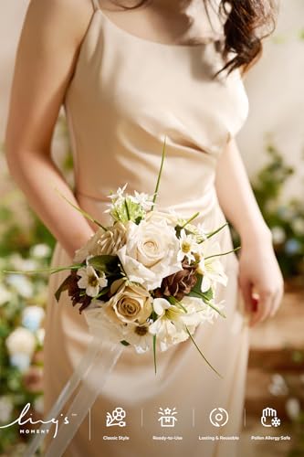 Ling's moment Ivory Artificial Wedding Flower Bouquets for Bridesmaids Brown Floral Bouquet Bridal Bouquets for Bridesmaids with Ribbon Ceremony Anniversary Homecoming,7-inch Diameter - color: Brn-brown