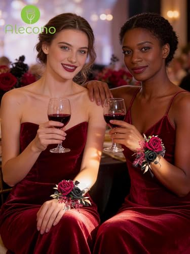 Alecono Set of 2 Wrist Corsage for Wedding, Burgundy and Black Corsages for Bride Bridesmaid, Artificial Flowers for Prom Graduation Ceremony Anniversary - color: Burgundy, size: Wrist Corsage 2pcs