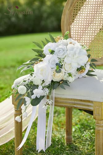 Serwalin 10 Inch Wedding Bouquets for Bride,Ivory Bridal Bouquet of Fake Flowers, Bridesmaid Bouquets for Wedding Ceremony Bridal Shower and Anniversary Day Decor - color: White and Gold