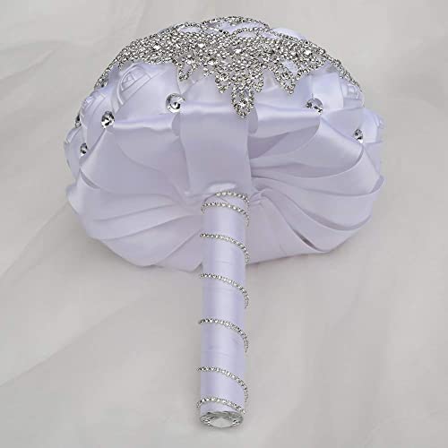 Big Size (8.26") Handmade Rhinestones White Bridal Wedding Bouquet Diamond Bridesmaids Satin Rose Flower with Ribbon for Wedding Time of Marriage (White) - color: White