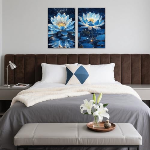 KPLUNDO Blue Lotus Floral Wall Art 2 Panel Blooming Zen Flower Pictures Print Nature Inspired Decor for Living Room Bedroom Yoga Room(Artwork-5,24"x36"x2pcs) - color: Artwork-5, size: 24"x36"x2pcs