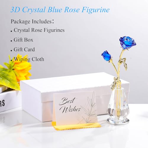 Arikyrist Crystal Rose Flowers Figurines Home Decor, Blue Glass Flowers with Stems, Collectible Figurines Crystal Rose Flower Gifts for Women on Mother's Day Valentine - color: Blue